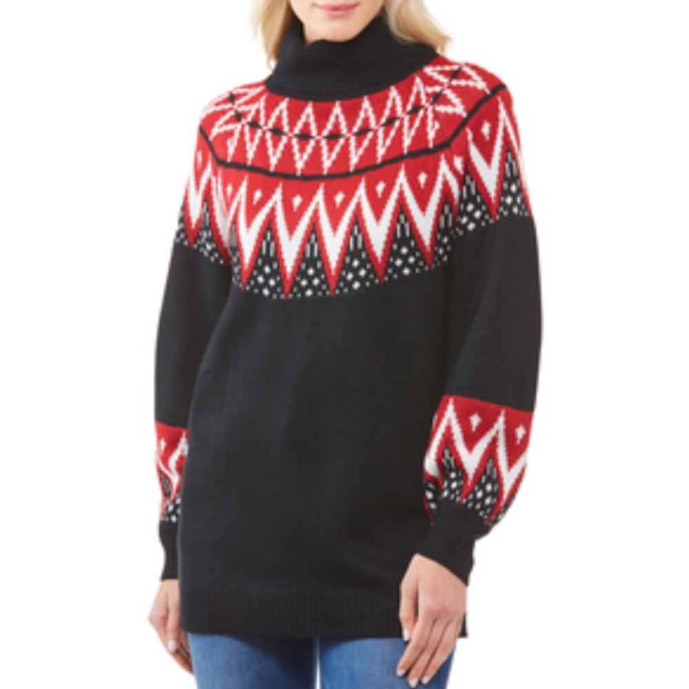 NWT JW Style Women’s Fair Isle Knit Black / Red Patterned Turtleneck Sweater